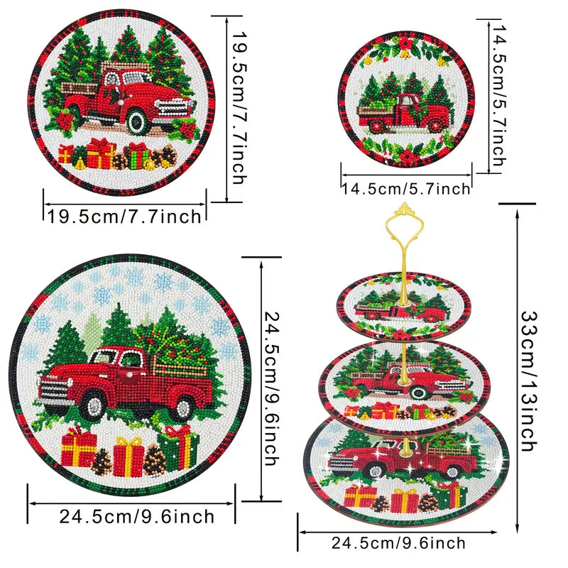 Christmas-themed trays for three tier with red truck design, dimensions shown.