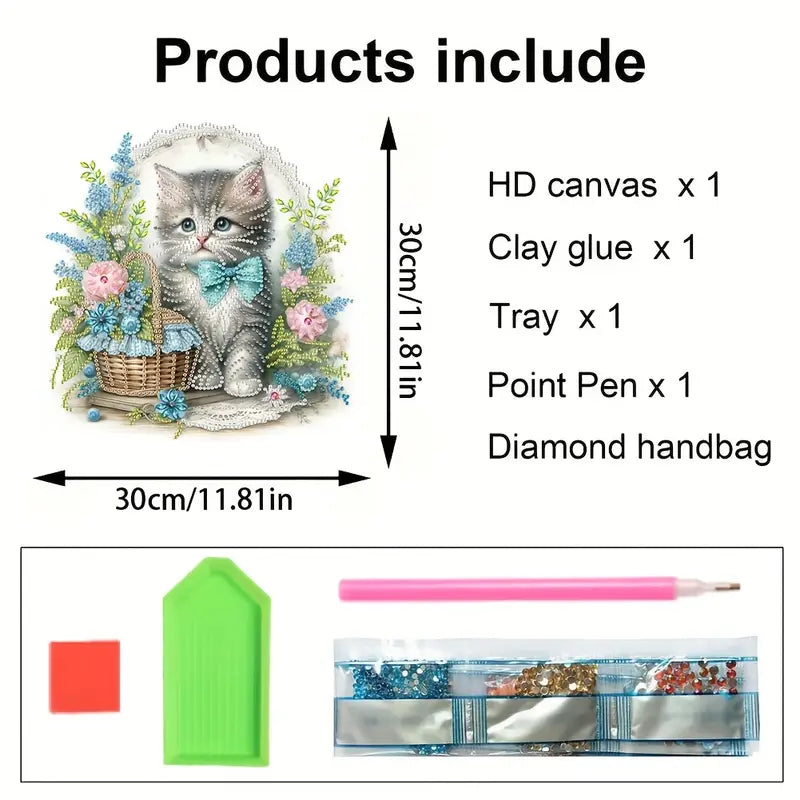 Product list with a diamond painting kit including HD canvas, clay glue, tray, point pen, and diamond handbag.