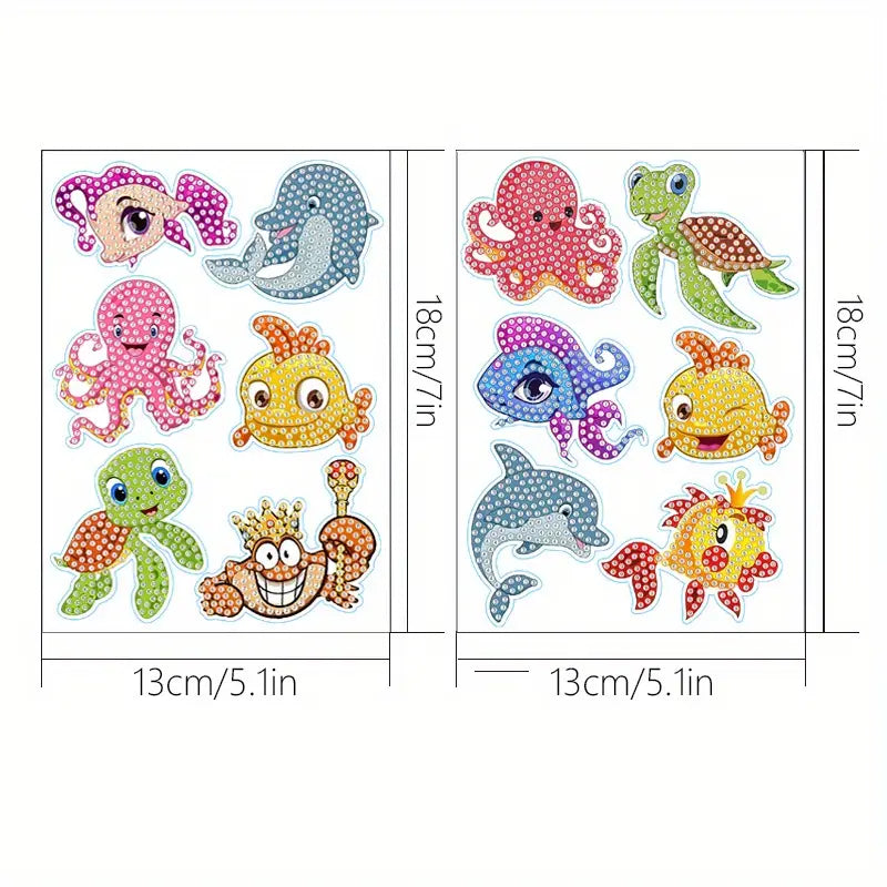 Set of colorful sea creature stickers with dimensions on a white background