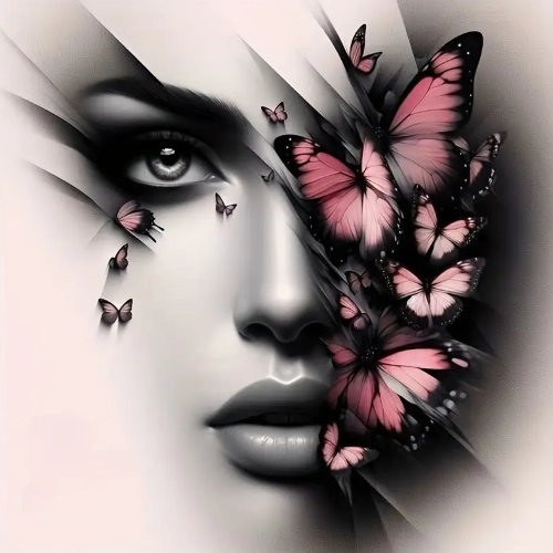 Woman's portrait diamond painting kit. Pink butterflies, gray tones