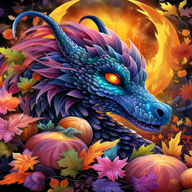 Autumn Dragon's Blaze Diamond Painting Kit. A colorful blue and purple dragon with orange glowing eyes, surrounded by fall leaves and pumpkins under an orange moon