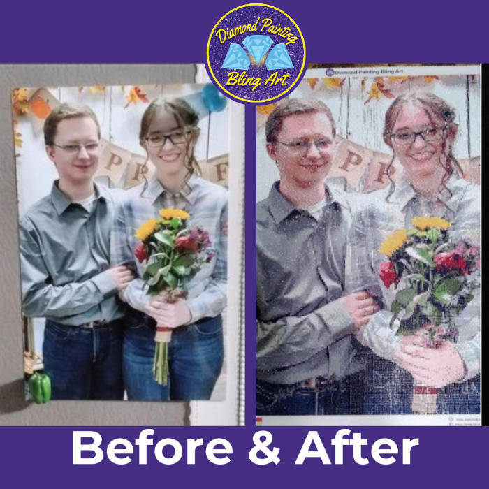 Before and after comparison of a diamond painting art piece with a couple holding flowers.