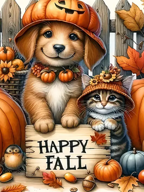 Happy Fall saying with Puppy and Cat decked out in Autumn theme diy diamond art kit