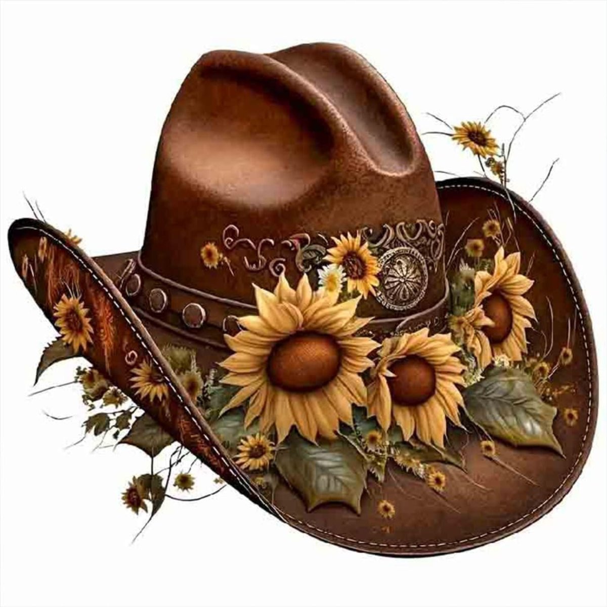 Brown cowboy hat decorated with sunflowers and leaves. Diamond painting kit