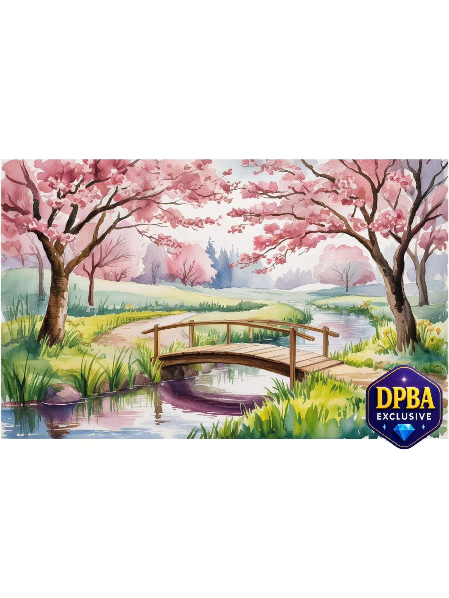 Cherry blossom trees over bridge crossing peaceful stream in landscape diamond painting – DPBA exclusive