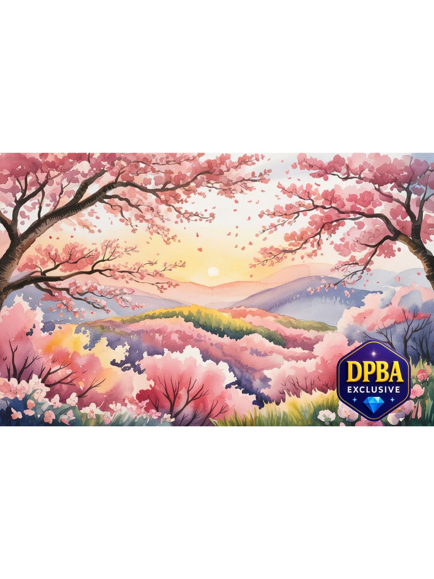Cherry blossom landscape with pastel hills and rainbow sky, designed for diamond painting, DPBA exclusive