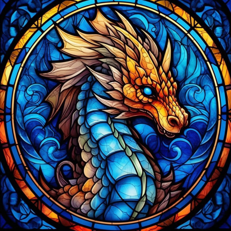 Blue and gold dragon in stained glass style