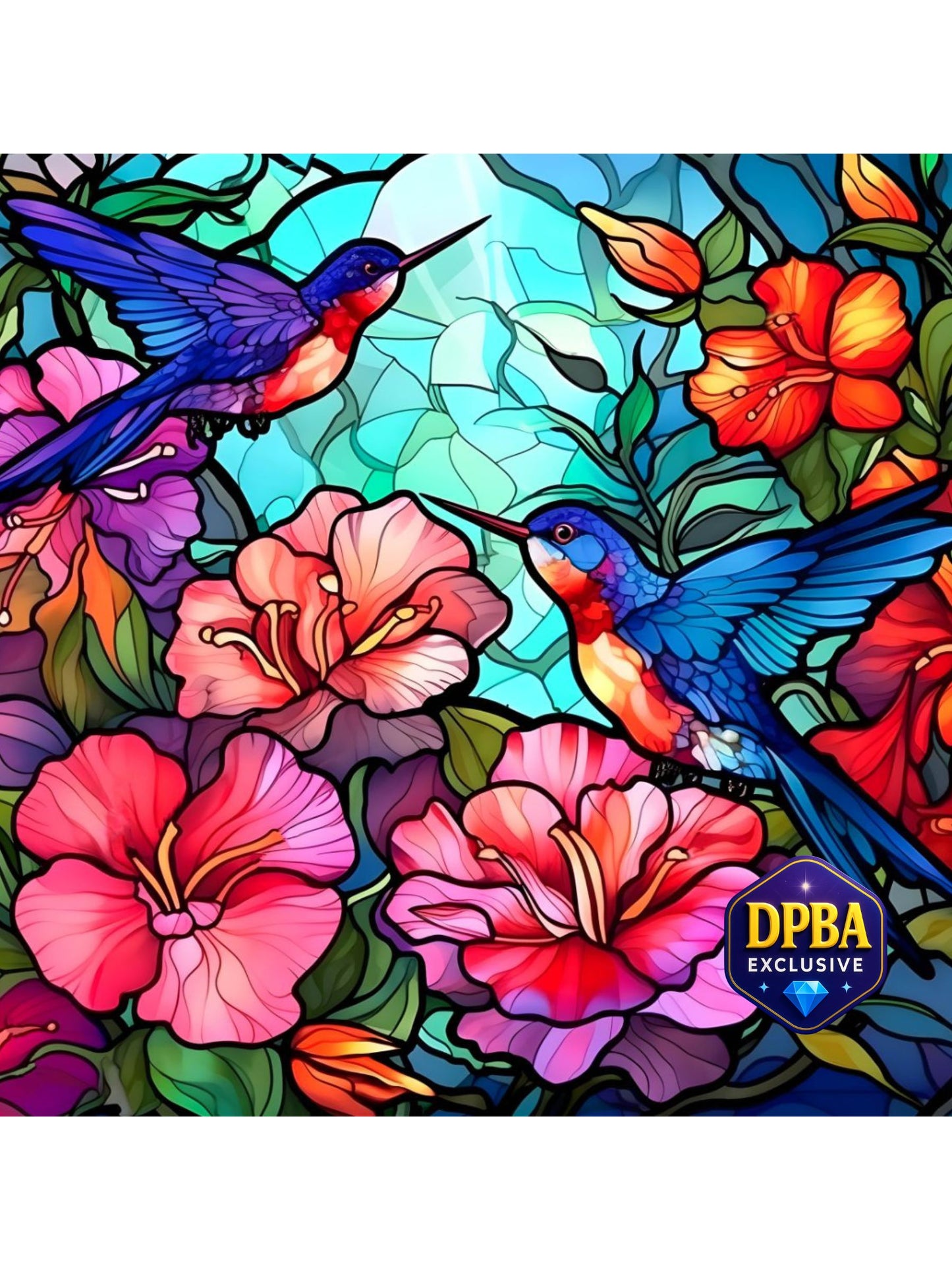 Vibrant hummingbird diamond painting with stained glass-style flowers in pink, orange, and purple, DPBA exclusive