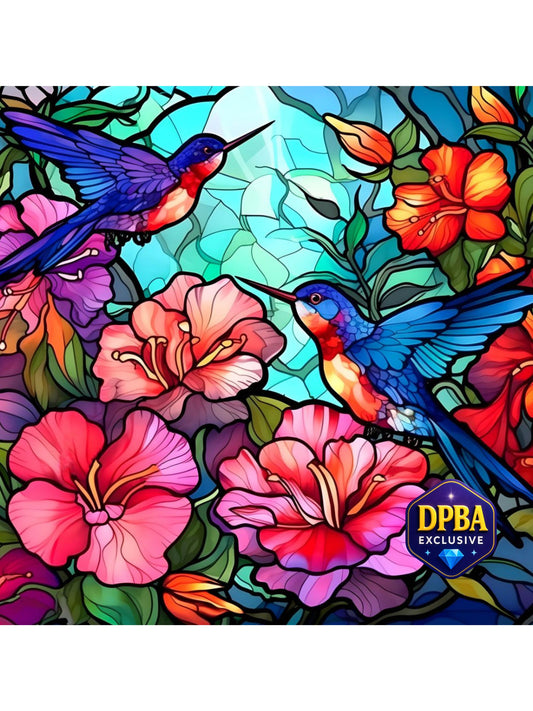 Vibrant hummingbird diamond painting with stained glass-style flowers in pink, orange, and purple, DPBA exclusive