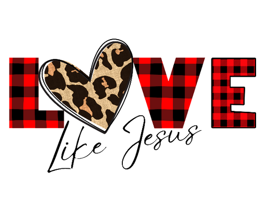 A Celebration of Love Diamond Painting Kit. The word 'LOVE' in red plaid with a leopard print heart, and 'Like Jesus' in script below