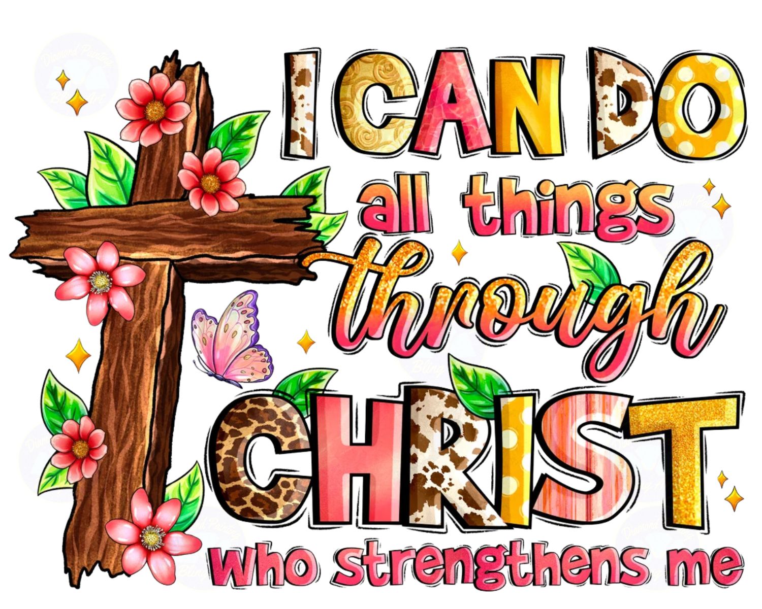 Philippians 4:13 scripture "I CAN DO ALL THINGS through CHRIST" with floral cross. Religious diamond painting.