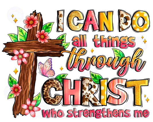 Philippians 4:13 scripture "I CAN DO ALL THINGS through CHRIST" with floral cross. Religious diamond painting.