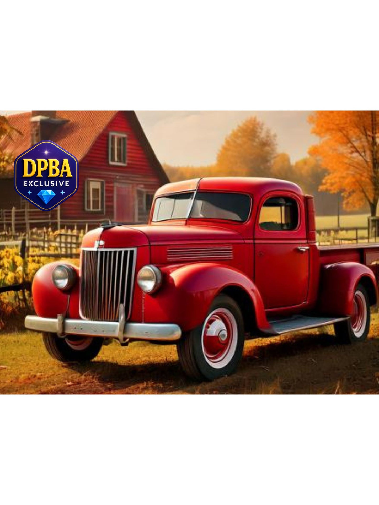 Classic red pickup truck diamond painting parked in front of a rustic red barn with autumn trees, DPBA exclusive