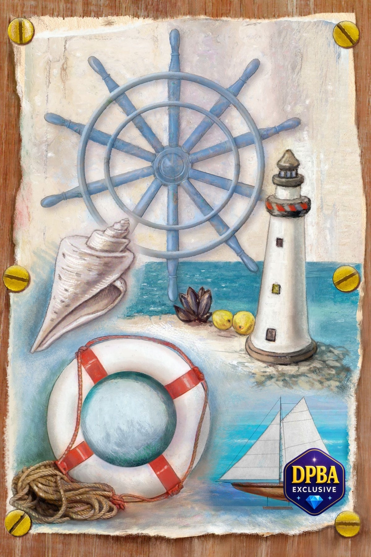 A nautical-themed art print featuring a blue ship's wheel, white lighthouse, seashell, life buoy, rope, and a small sailboat on a textured parchment background, displayed on a wooden surface with gold pins.