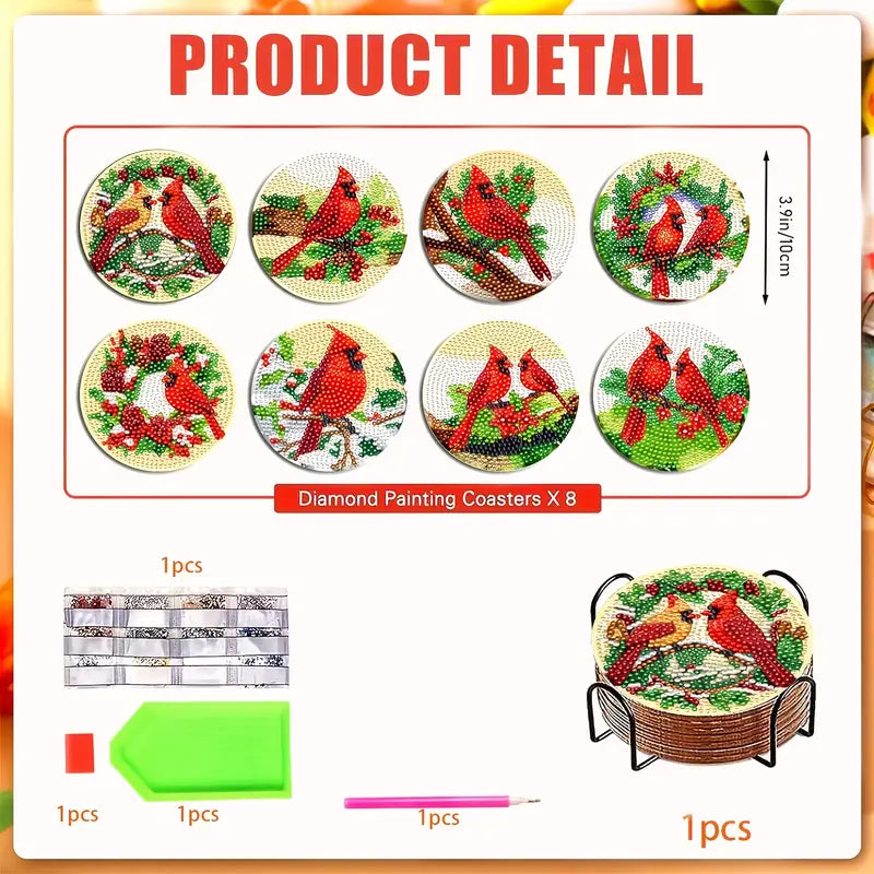 Set of diamond painting coasters with cardinals on a product detail card.