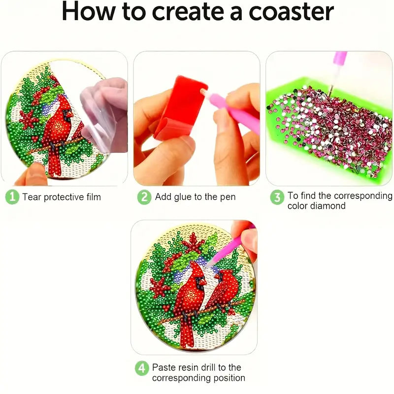 Step-by-step guide on creating a diamond painting coaster with red cardinals.