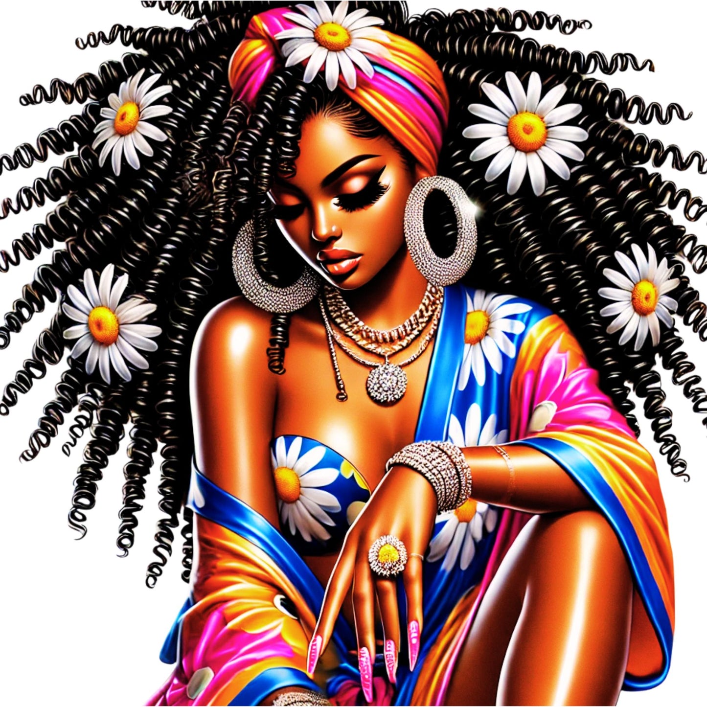 Daisy Dreamin' Diva Diamond Painting Kit. A portrait of a stylish woman with voluminous curly hair adorned with daisies, wearing large earrings and necklaces, ready to be decorated with round diamonds.