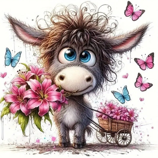 A colorful illustration of a cartoon donkey with flowers and butterflies.