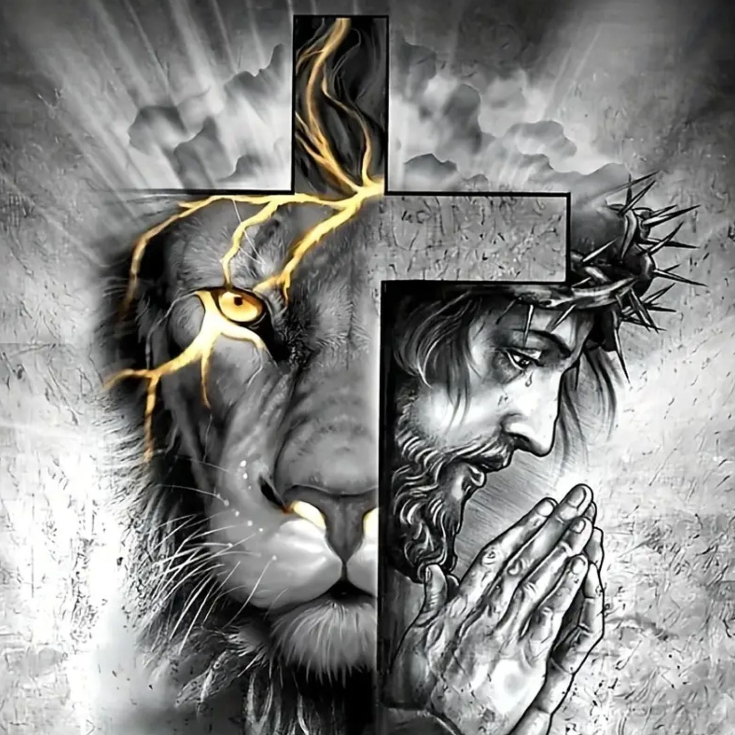 Lion and Jesus face with a cross and lightning. Religious diamond painting kit.