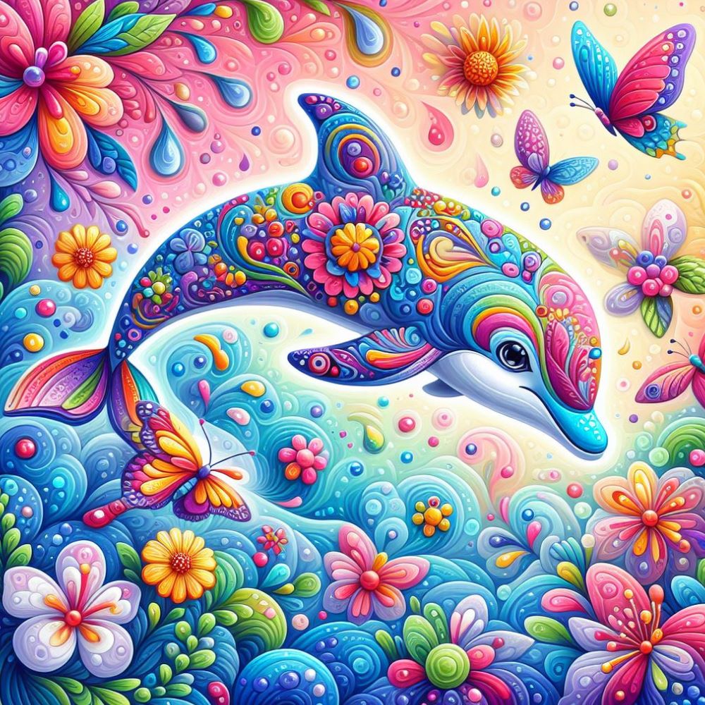Dolphin Dreamland Diamond Painting Kit. A colorful, patterned dolphin leaping out of the water, surrounded by flowers and butterflies.