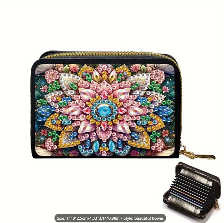 Decorative wallet with a colorful floral design on a white background