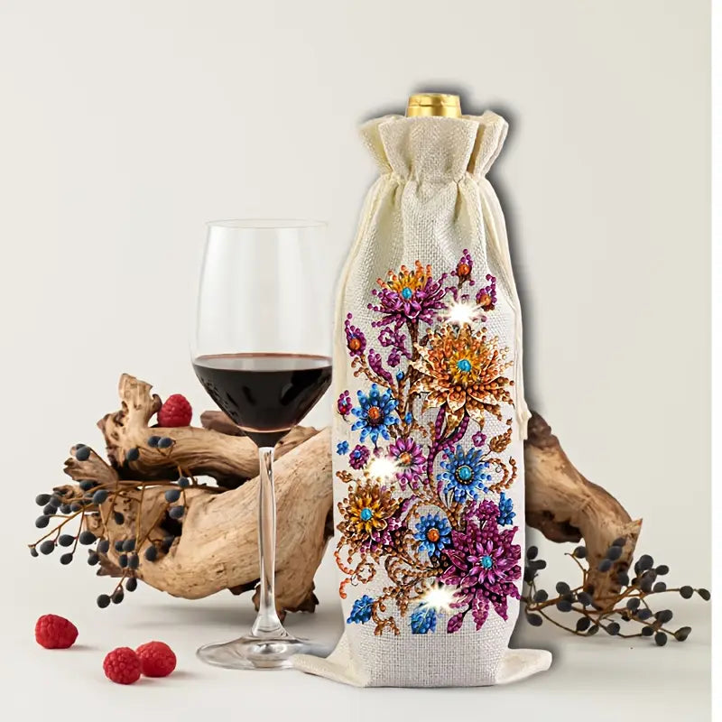 A diamond painted linen wine bag with a vibrant floral design of multi-colored special shaped rhinestones next to a wine glass
