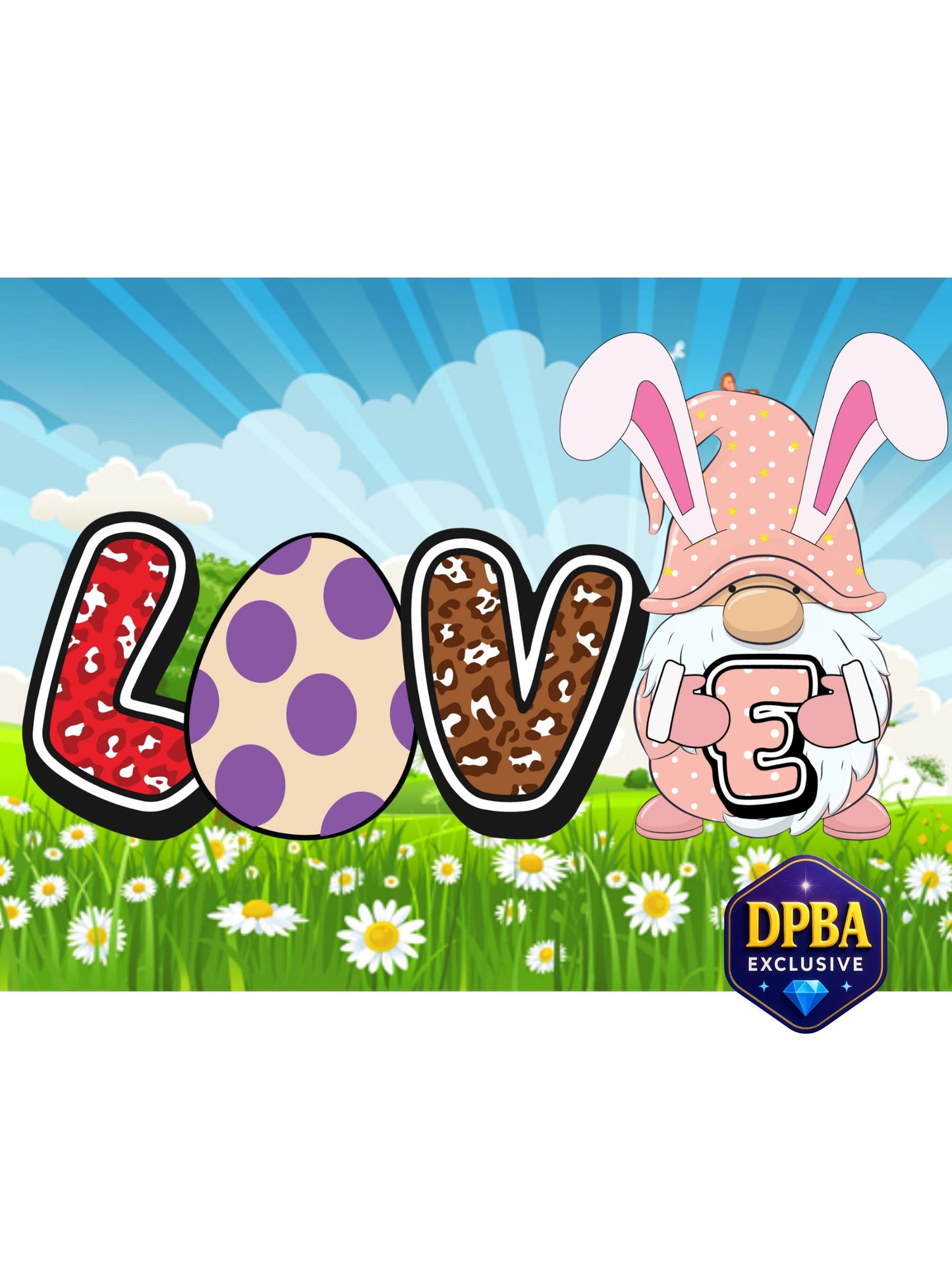 Easter gnome artwork spelling LOVE with bunny ears and eggs in a spring field, DPBA exclusive