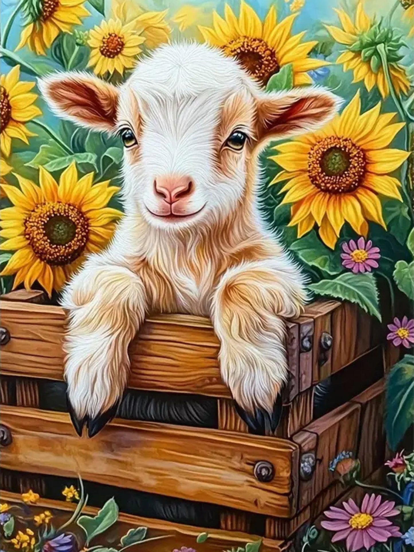 baby goat white and tan in brown crate of sunflowers