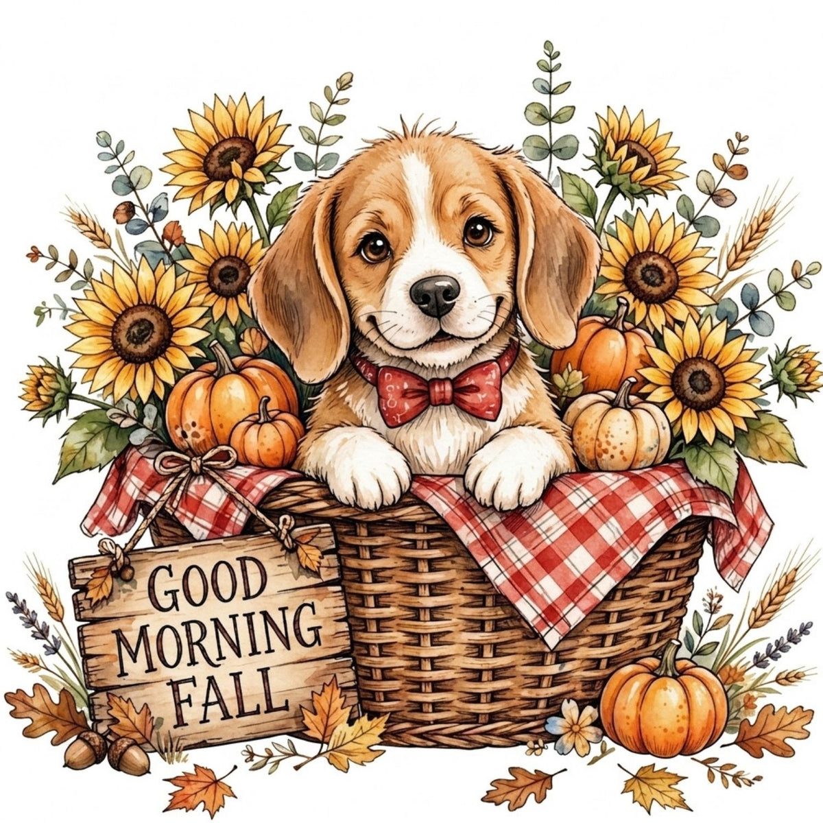 A 40x40cm square diamond painting featuring a beagle puppy in a basket surrounded by sunflowers, pumpkins, and a Good Morning Fall sign.