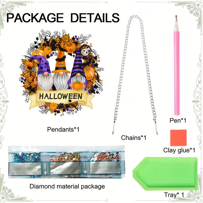 Halloween-themed package details with gnomes, pumpkins, and crafting supplies on a white background.