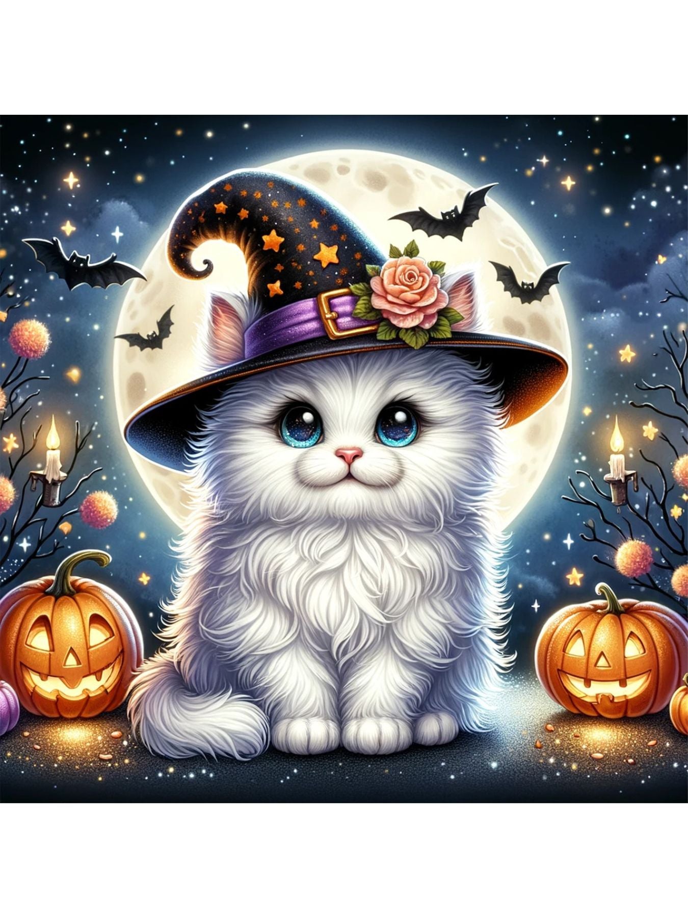 Cute white cat in a Halloween witch hat with pumpkins and bats in the background