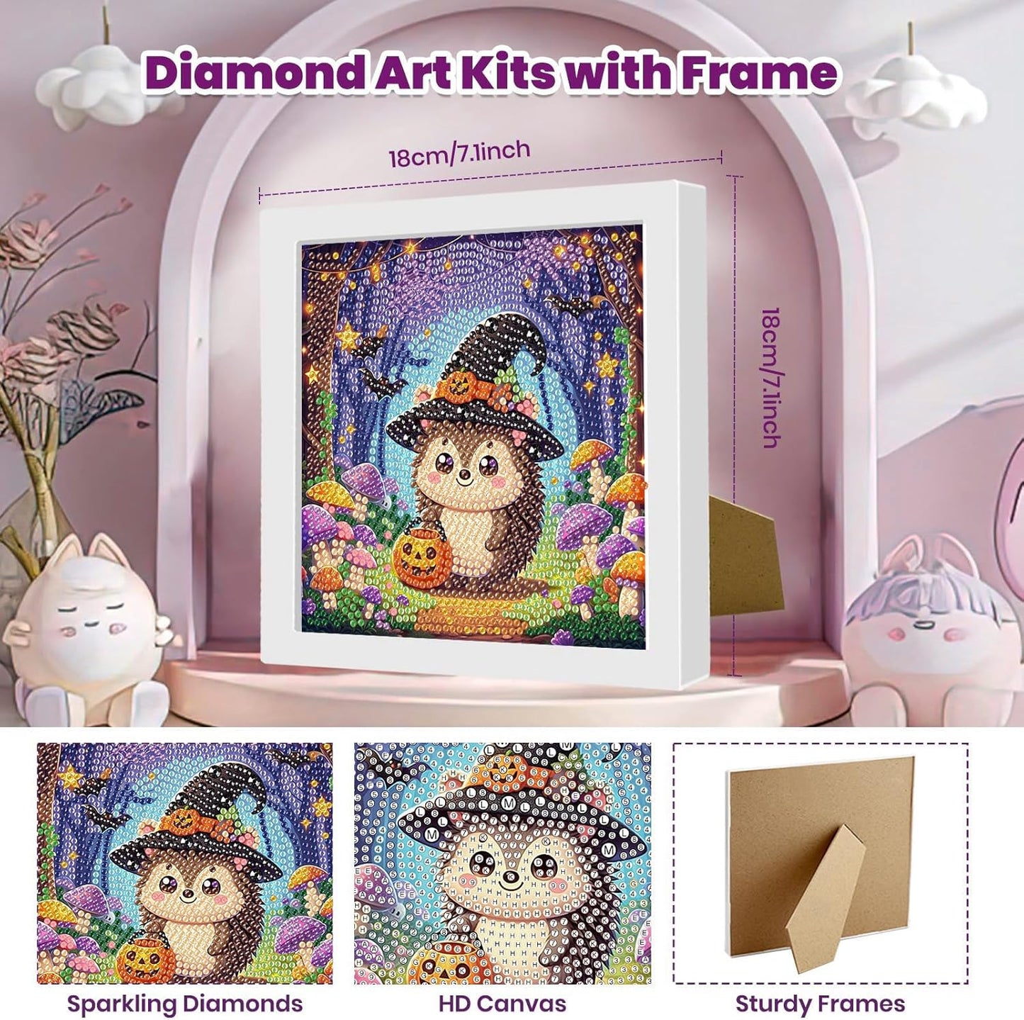 Diamond art kit with a hedgehog in a witch hat surrounded by flowers and pumpkins, framed and displayed.