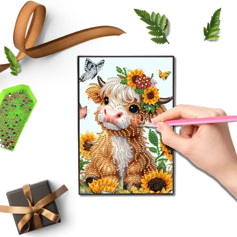 Hand holding a pink pen over a diamond painting of a cow with flowers and leaves, surrounded by tools and materials.