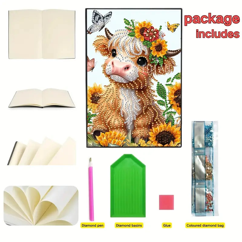 Collage of items included in a diamond painting kit with a cow and sunflower design.