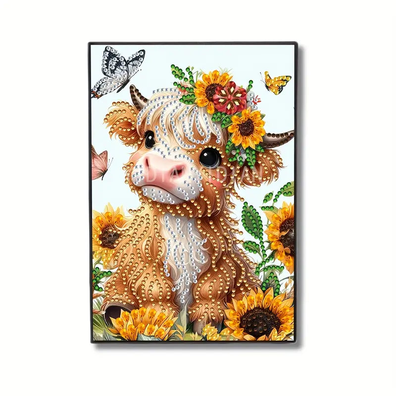 Highland Cow & Sunflowers Diamond Painting Notebook. A 5.7x8.26 inch PU leather notebook with a design of a fluffy cow wearing a crown of flowers, decorated with crystal and special shape diamonds