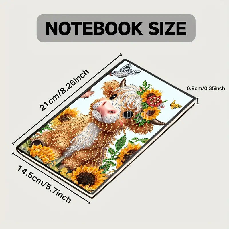 Notebook size measurement chart with a cow and sunflower design on a white background