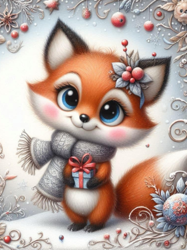 Winter Fox holding gift DIY Diamond Art Kit