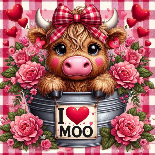 A colorful illustration of a cartoon cow with a red and white checkered bow on its head, surrounded by various flowers and hearts on a background with a red and white checkered pattern.