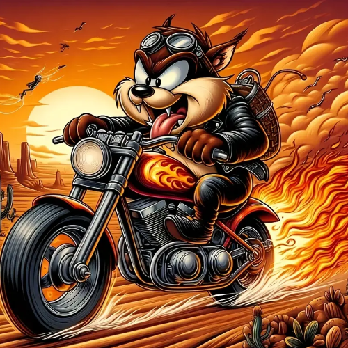 Cartoon character riding a motorcycle with flames in a desert setting