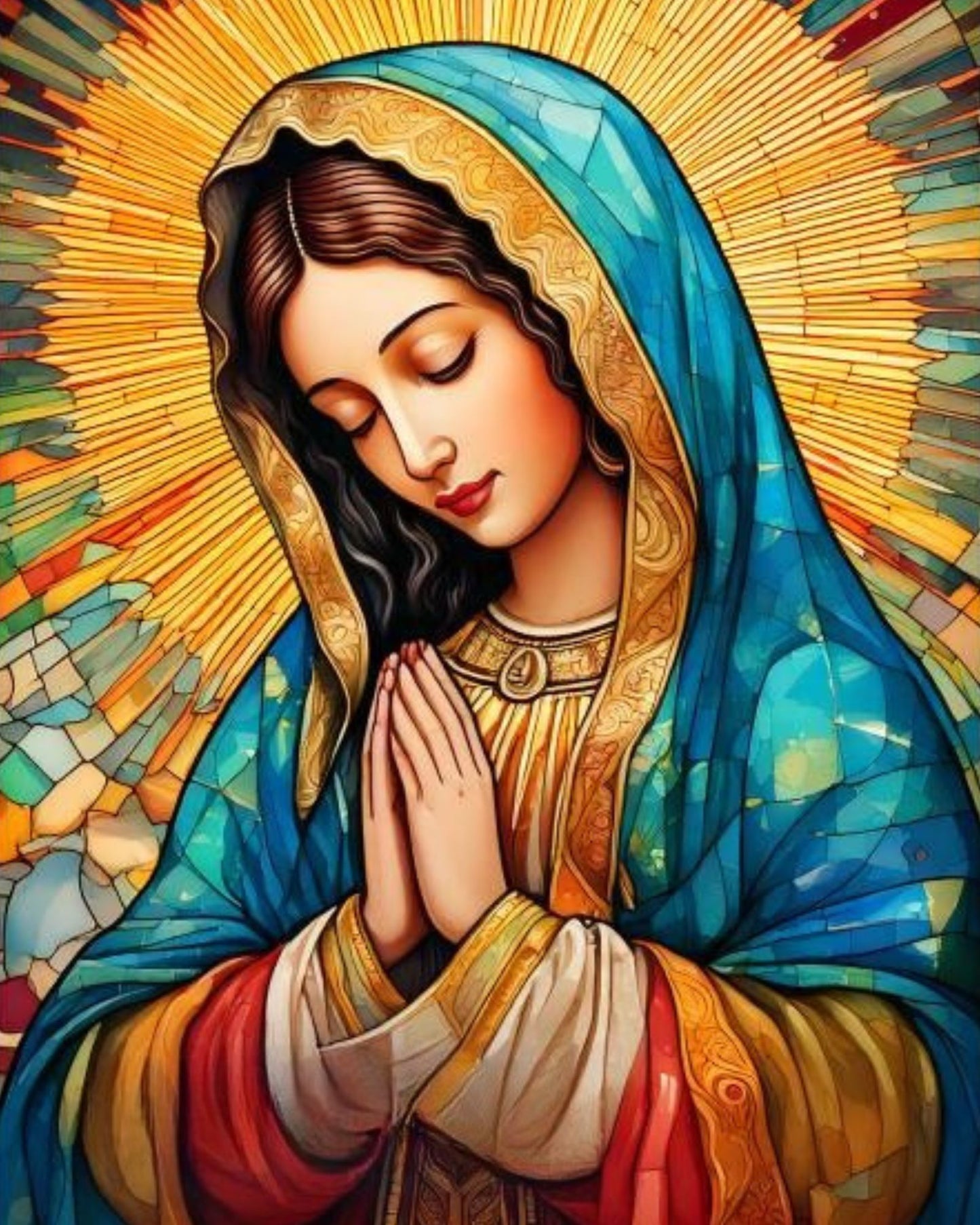 Lady of Guadalupe in stained glass style with a golden halo. Religious diamond painting kit.