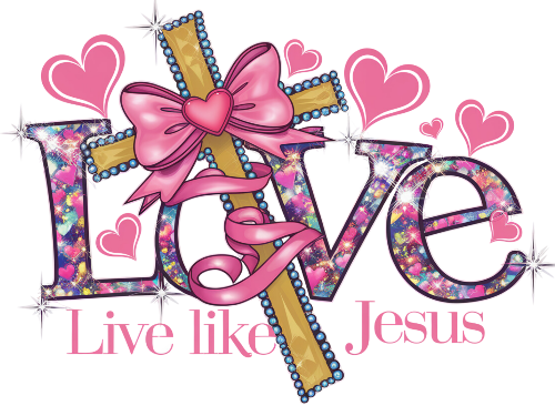 Live Inspired by Jesus Diamond Painting Kit. The word 'LOVE' with a sparkling cross wrapped in a pink ribbon, and 'Live like Jesus' text