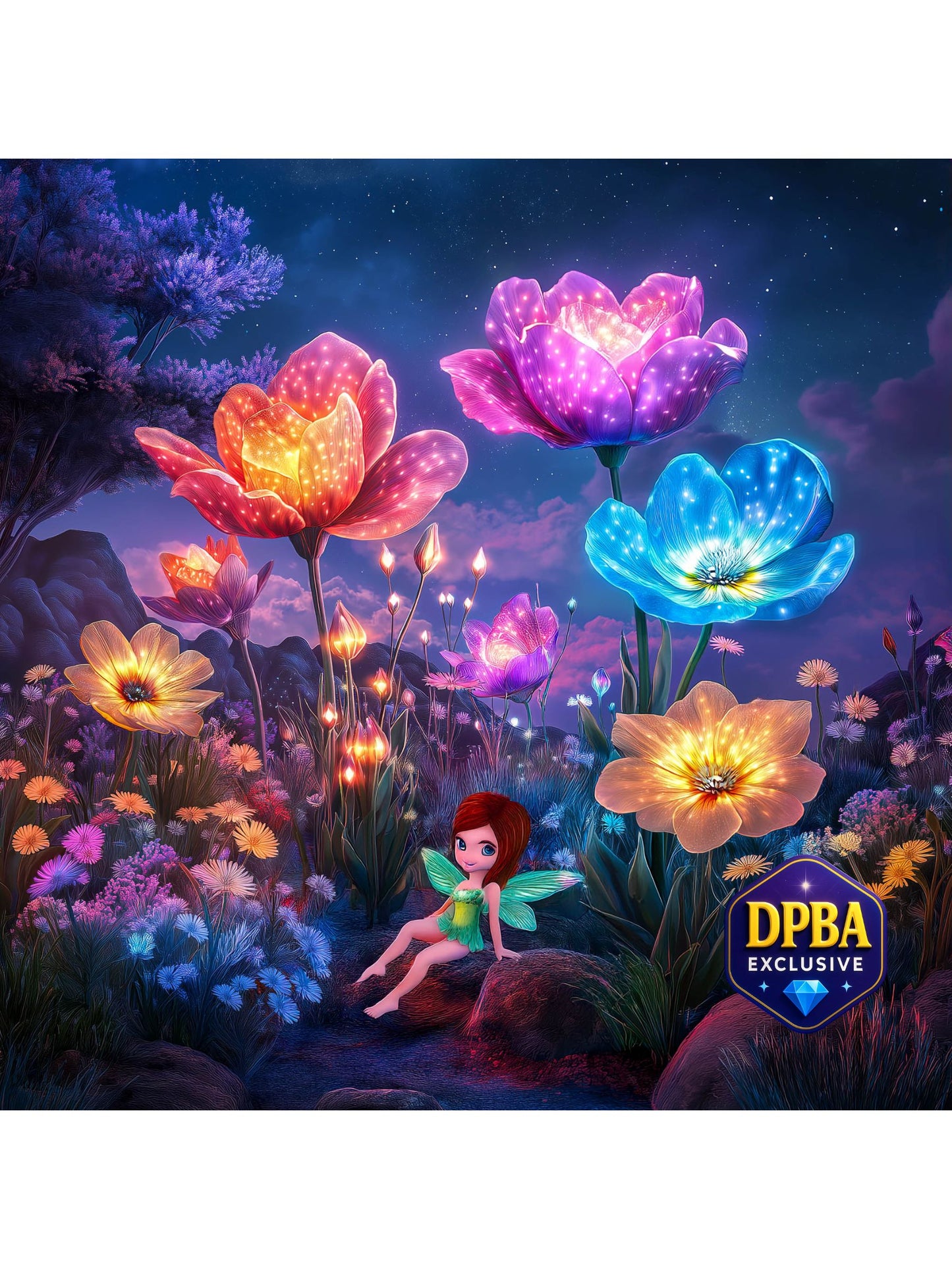 a diy diamond painting kit delicate fairy nestled among vibrant blooms, illuminated by soft, glowing lights that create a magical ambiance.