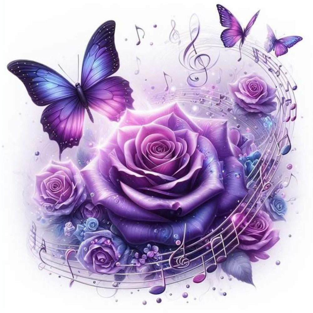 purple butterfly with purple roses and musical notes