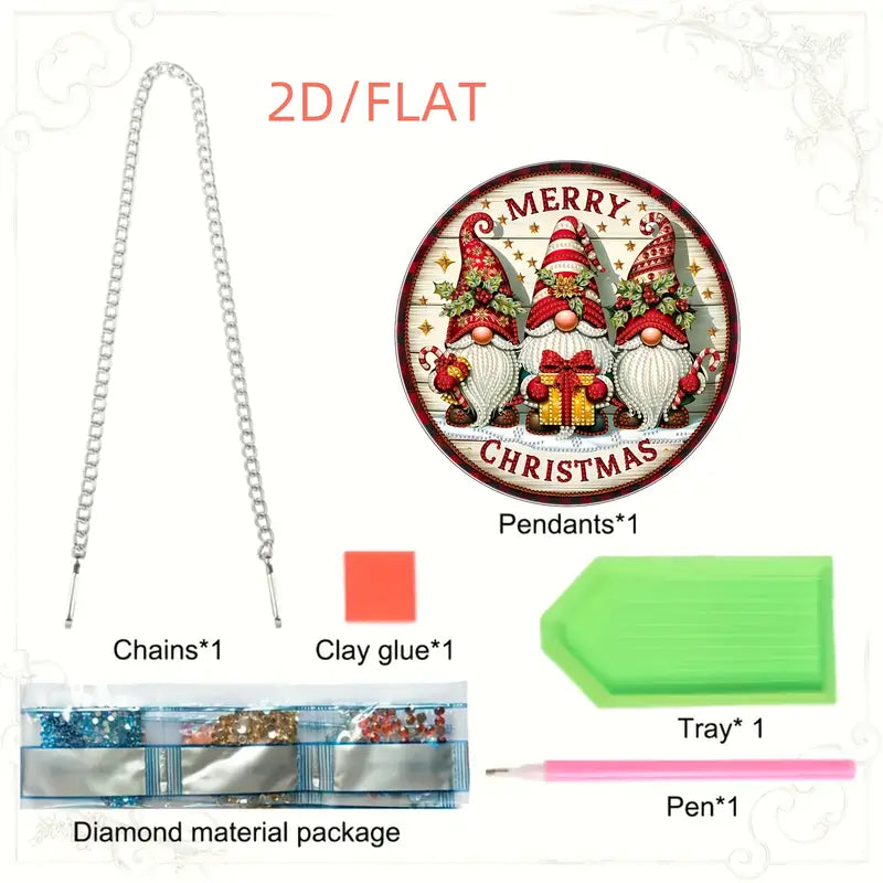 Christmas-themed pendant set with chains, clay glue, tray, and pen on a white background.