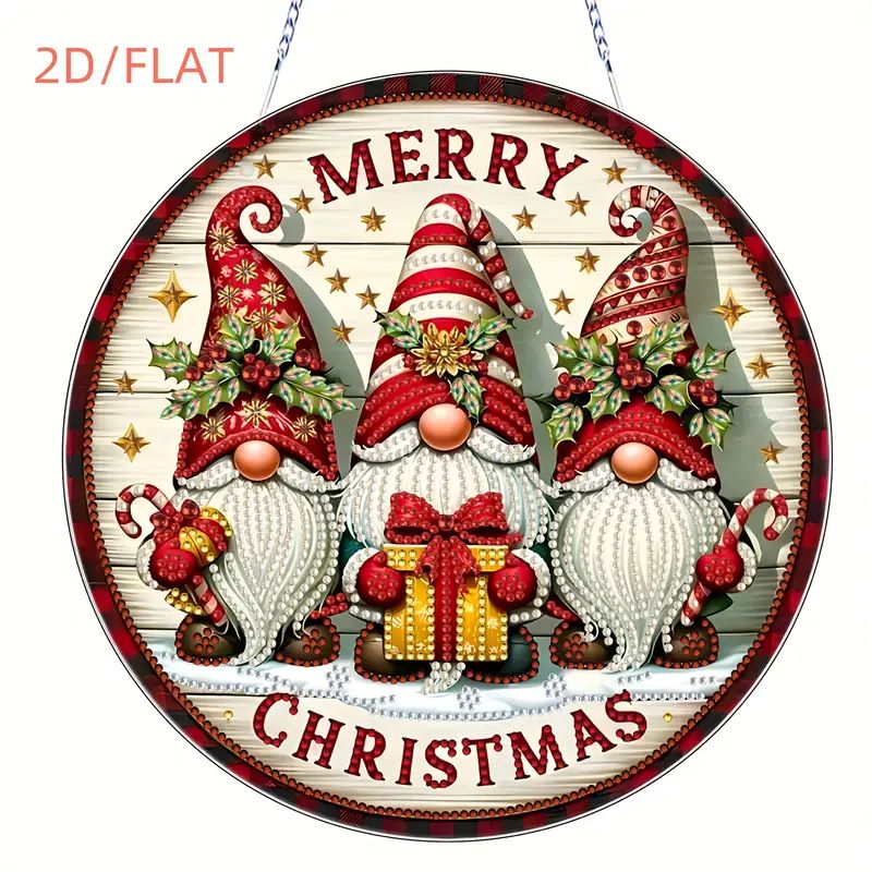 Merry Christmas Gnomes Diamond Painting Wreath. A round acrylic hanging featuring three Christmas gnomes with gifts and candy canes, decorated with crystal and special shape rhinestones.