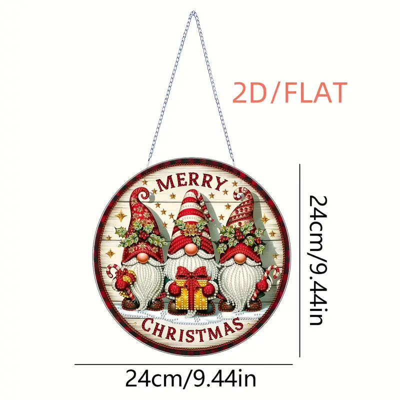 Round Christmas decoration with three gnomes, 'Merry Christmas' text, and dimensions on a white background.