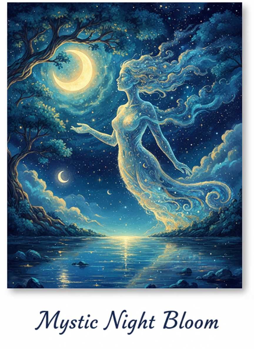 A diamond painting design of a glowing, nymph-like woman in a starry, blue and gold night sky, standing by a moonlit lake with large trees and a crescent moon.