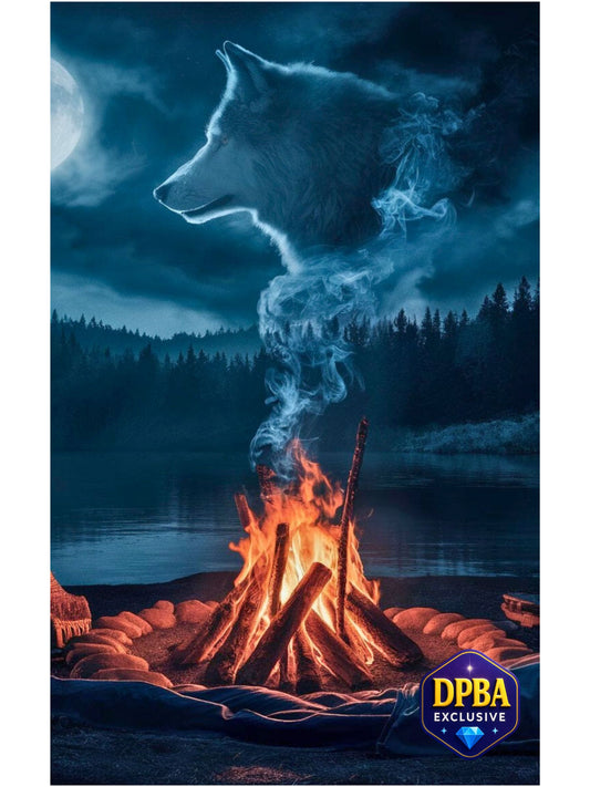 Wolf silhouette in blue smoke over campfire, forest diamond painting – DPBA exclusive