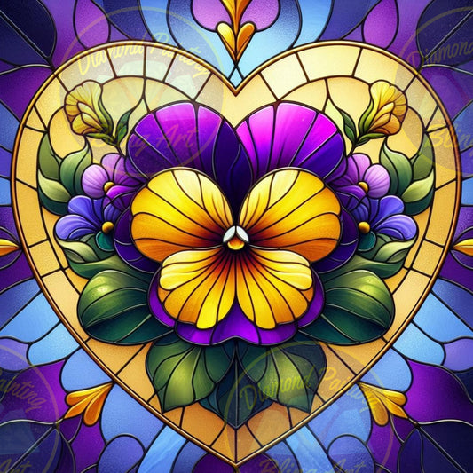 Pansy Passion Diamond Painting Kit. A colorful yellow and purple pansy flower centered within a heart-shaped stained glass design, surrounded by blue and purple glass.