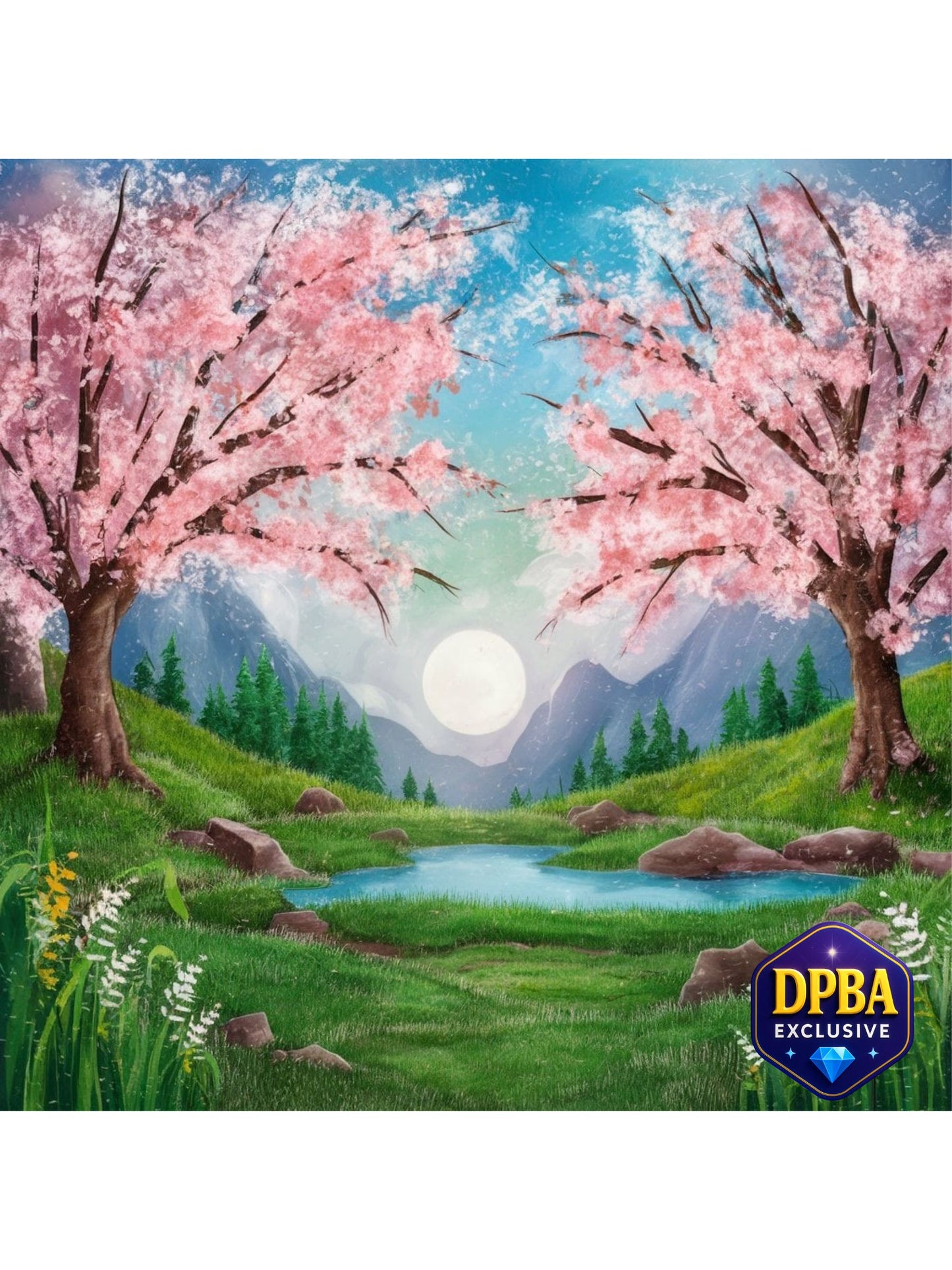 Cherry blossom trees framing a river and mountain valley in scenic landscape diamond painting – DPBA exclusive